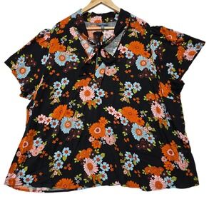 NEW‎ ModCloth Plus Size 3X Black Floral Tie Neck Short Sleeve Blouse Top